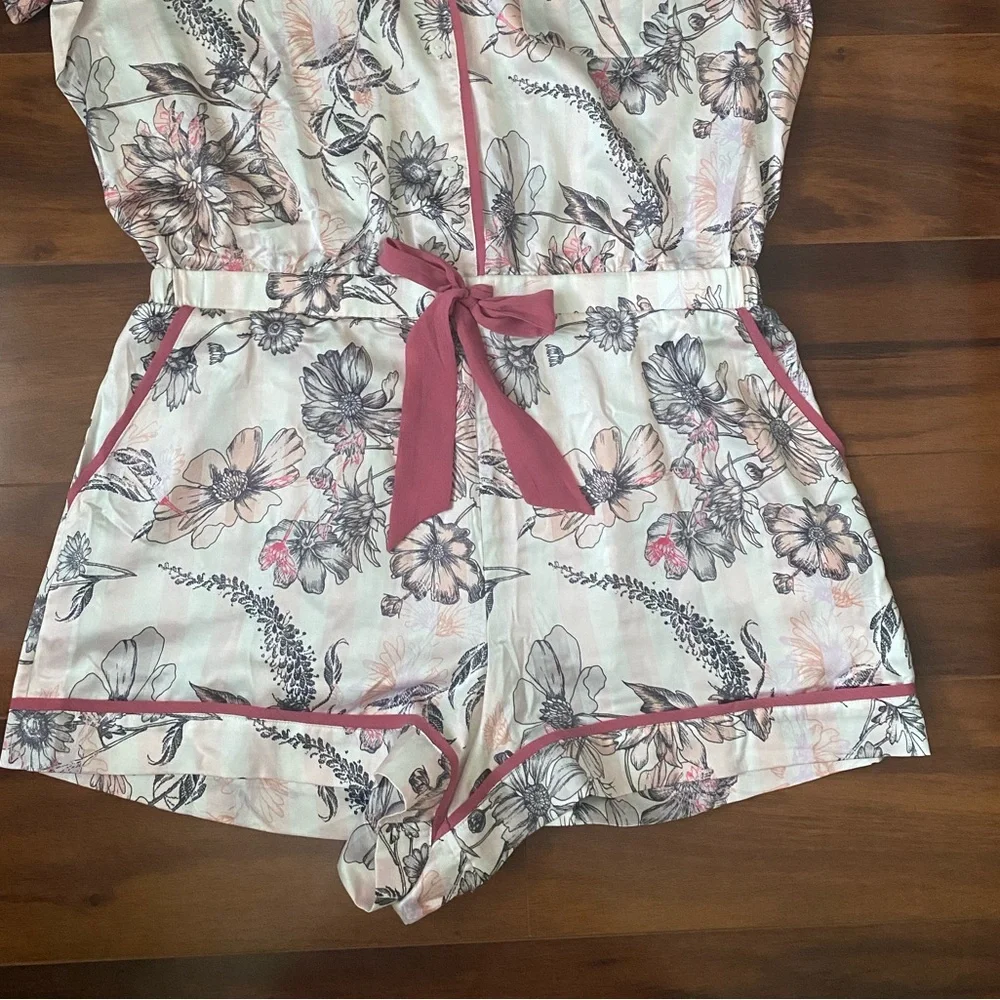 Victoria's Secret White Floral Pajama Romper with Pink Trim